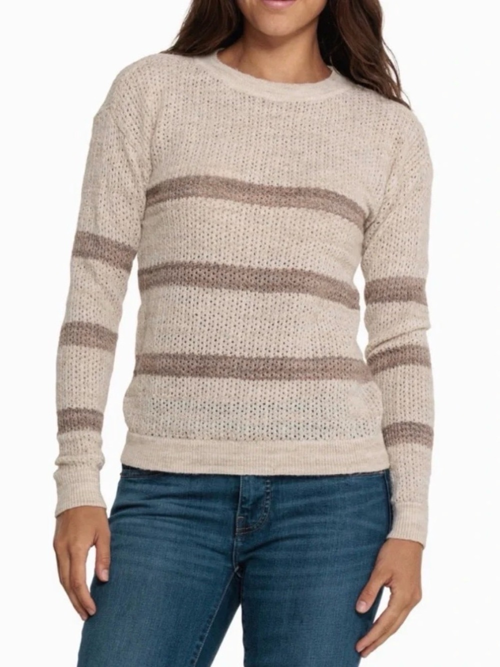 Frye Drop Shoulder Stripe Pointelle Knit
Sweater in Cream and Taupe - M